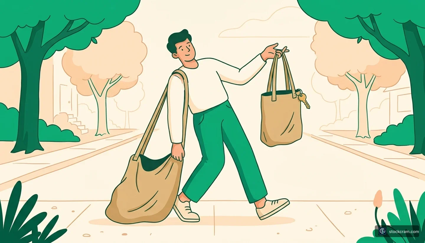 Illustrated lesson banner for “Good Debt vs Bad Debt”. A person carrying two identical bags, one dragging to the ground and one held weightlessly at arm’s length.