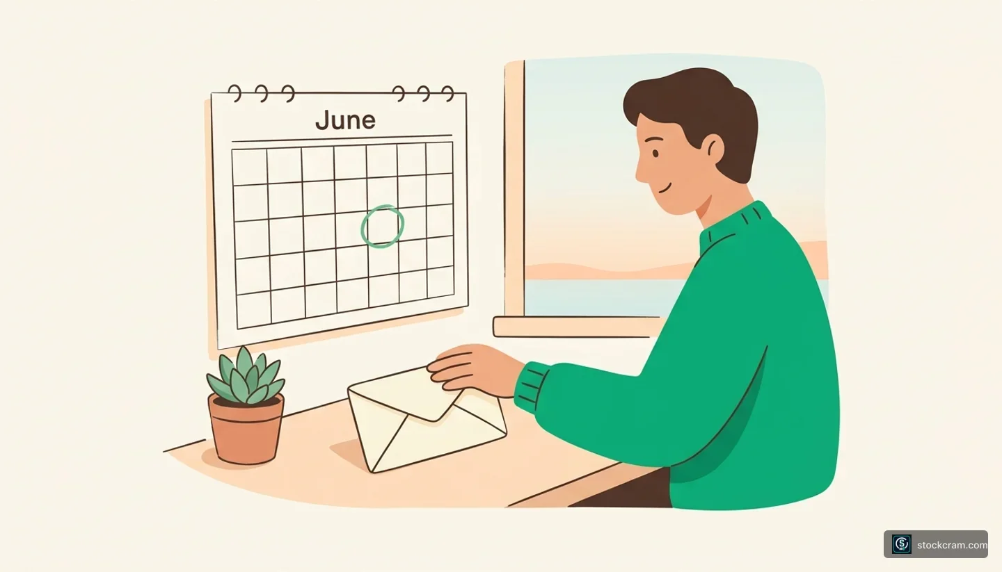 Money You'll Need Soon. Illustration of a cozy desk by a window where someone places a sealed envelope beside a wall cal