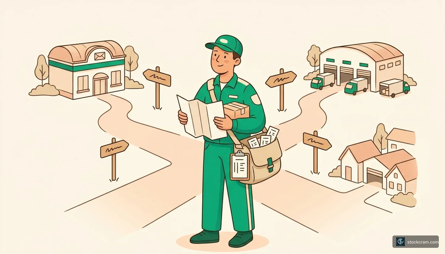 Illustration: A friendly mail carrier at a neighborhood crossroads consulting a route map to decide which of three delivery paths to take for a package