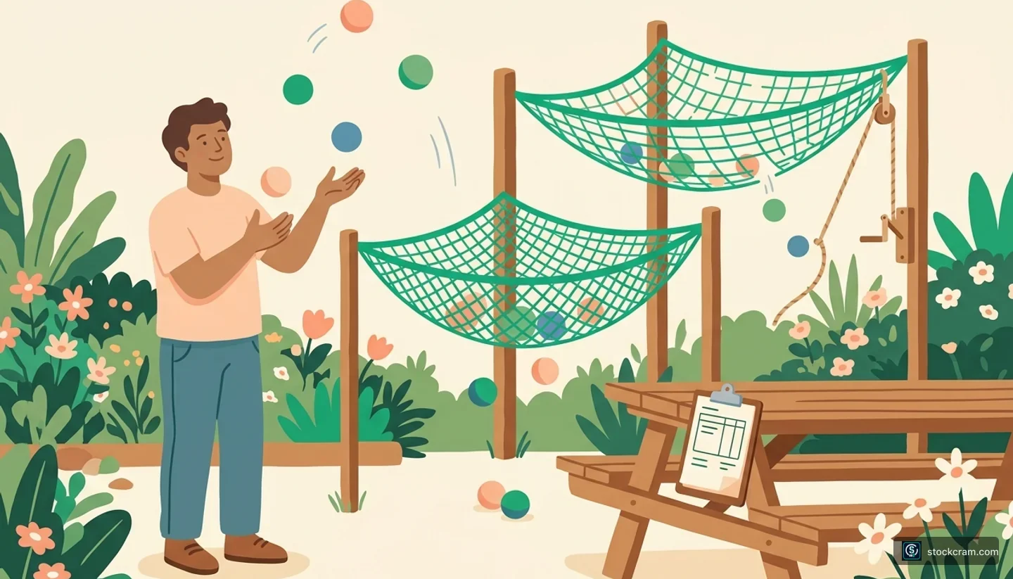 Illustration: A person in a backyard with layered safety nets that activate at different heights, showing how stop orders provide protection with different levels of certainty.