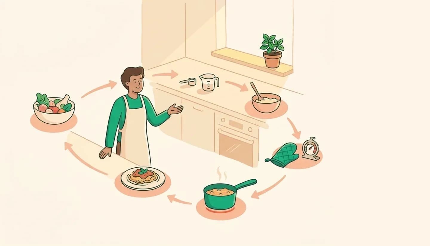 The Anatomy of a Trading Algorithm — illustration of a cozy kitchen counter showing a modular recipe workflow