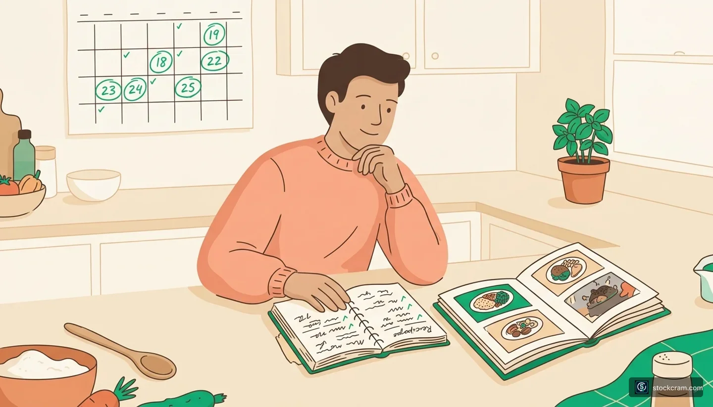 Backtesting: Testing a Strategy on History — illustration of a friendly person in a cozy kitchen reviewing a well-worn recipe notebook beside