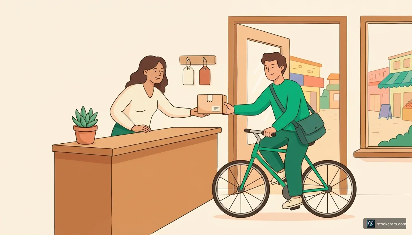 Broker APIs & the Tooling Stack — illustration of a warm neighborhood service counter with a friendly attendant handing a small la