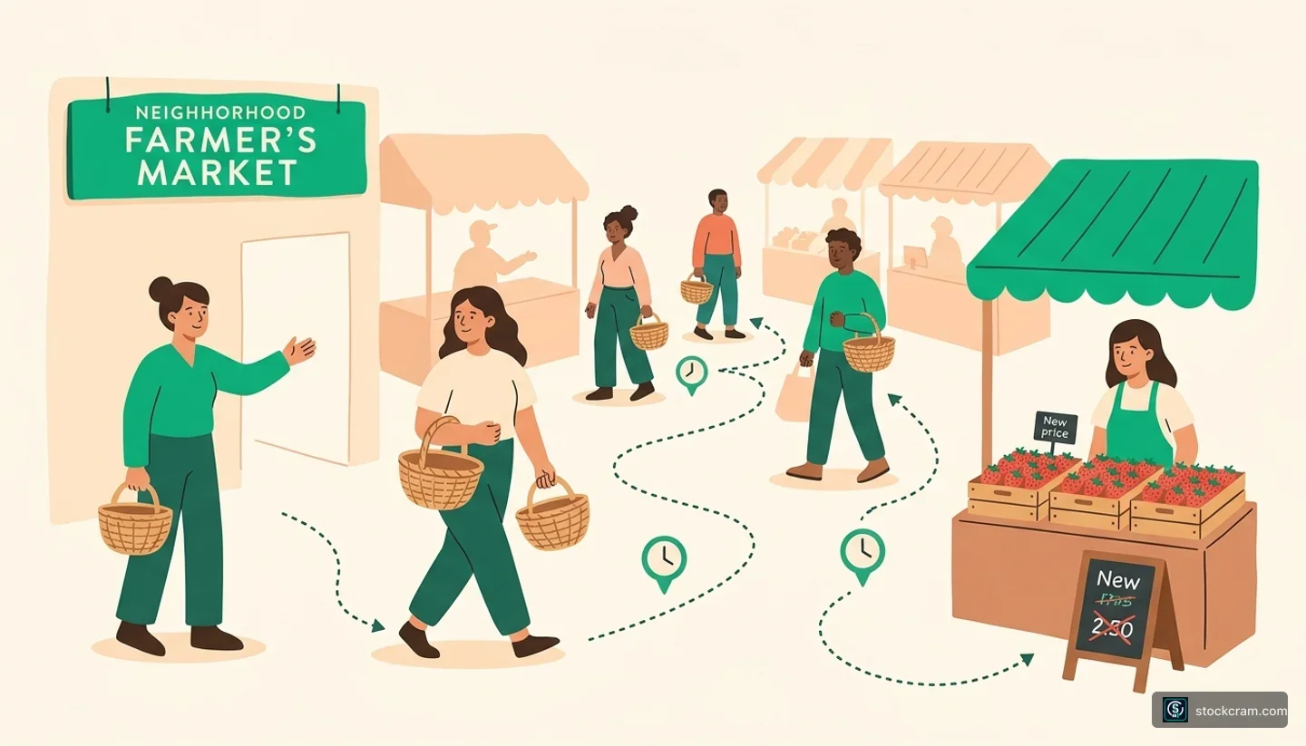 Execution & Market Structure — illustration of a neighborhood farmer's market where a shopper sends their friend across the sta