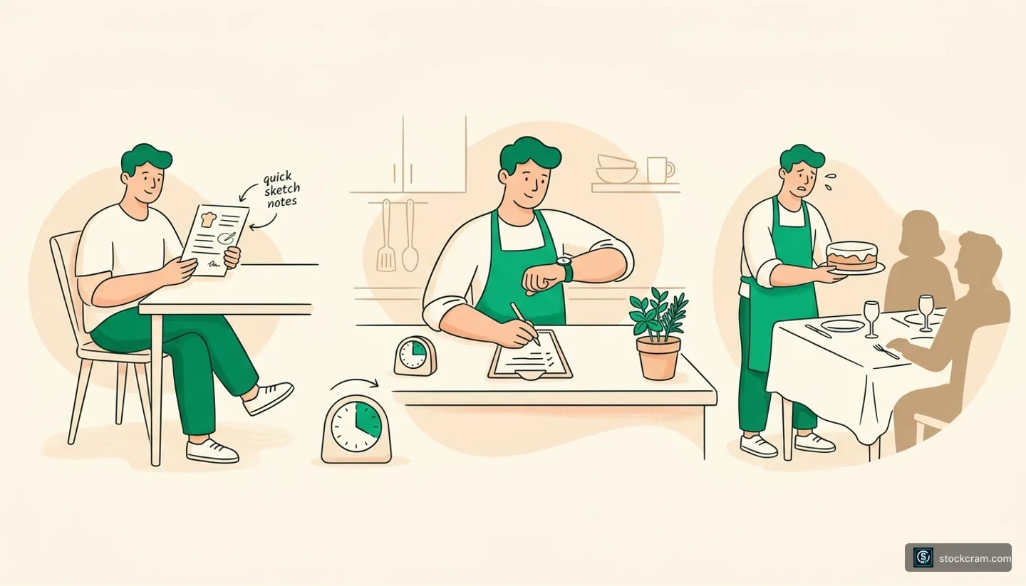 Paper Trading & Going Live — illustration of a home baker testing a new recipe in three stages