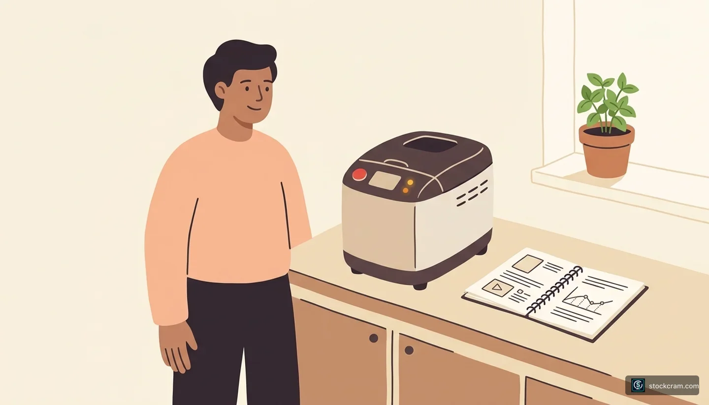 Regulation, Reality & the Human in the Loop — illustration of a person standing beside a countertop bread maker (or programmable multi-cooker)
