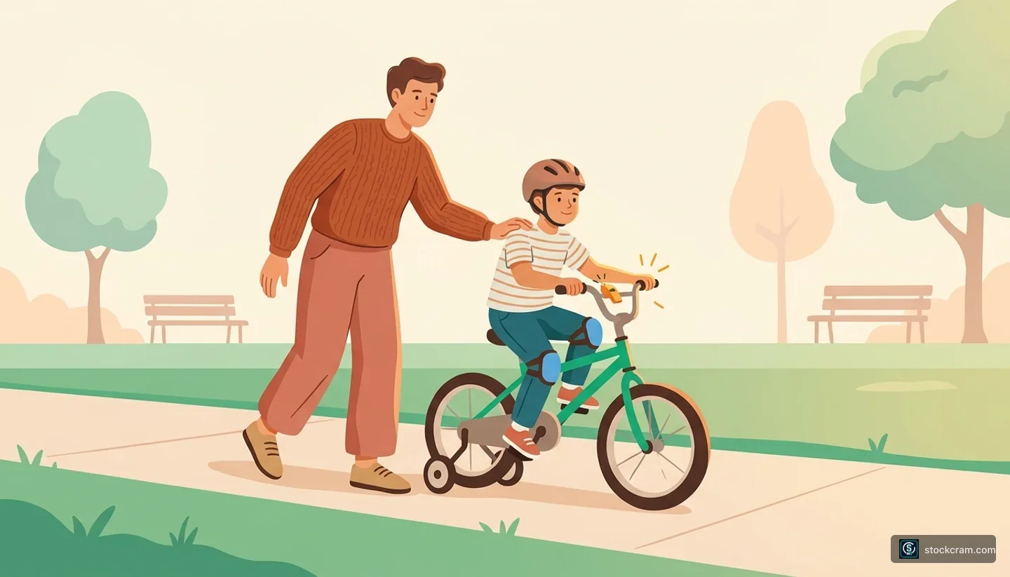 Risk Management & Failure Modes — illustration of a parent teaching a child to ride a bike in a quiet neighborhood park