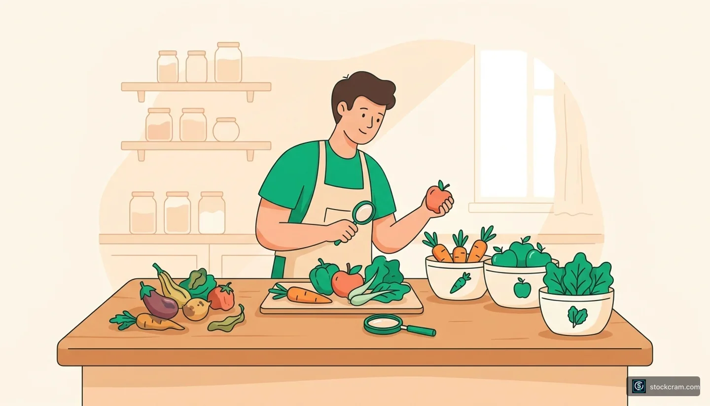 The Data That Feeds Algorithms — illustration of a friendly home kitchen with a person carefully inspecting fresh produce at a pr