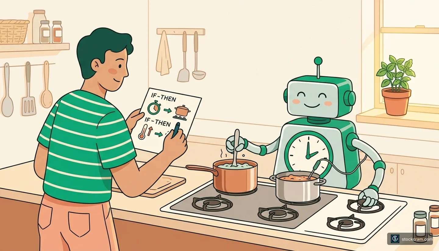 What Is Algorithmic Trading? — illustration of a cozy kitchen scene where a friendly figure writes a recipe card while a cheerf
