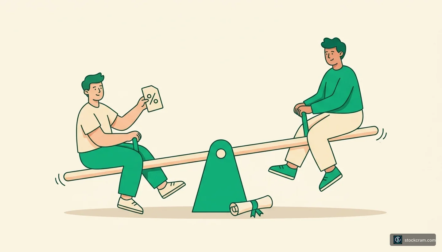 How Bond Prices Work — illustration of a classic playground see-saw with two friendly figures gently riding opposite en