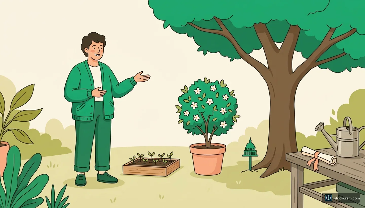 Treasury Bonds Explained — illustration of a warm community garden scene where a gardener presents three different planting