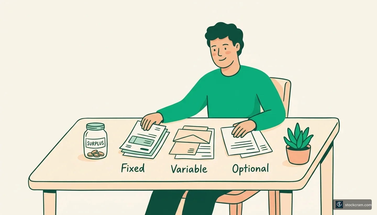 Finding Money to Invest. Illustration of someone sitting at a dining table with household bills