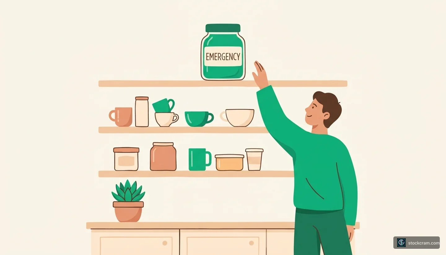 Your Emergency Fund. Illustration of a cozy kitchen shelf scene where one special jar sits alone on the top shelf, c