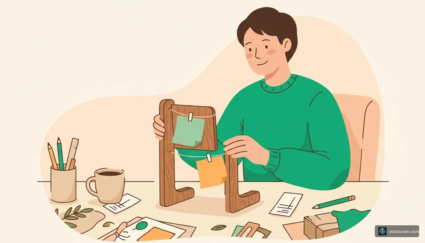Illustration: A cozy craft workshop where a person arranges a small wooden bracket-shaped desk organizer with two color-coded sticky notes attached by a gentle string — visual metaphor for how a bracket order pairs an upside profit-target and a downside stop-loss, linked by an OCO so one cancels the other.