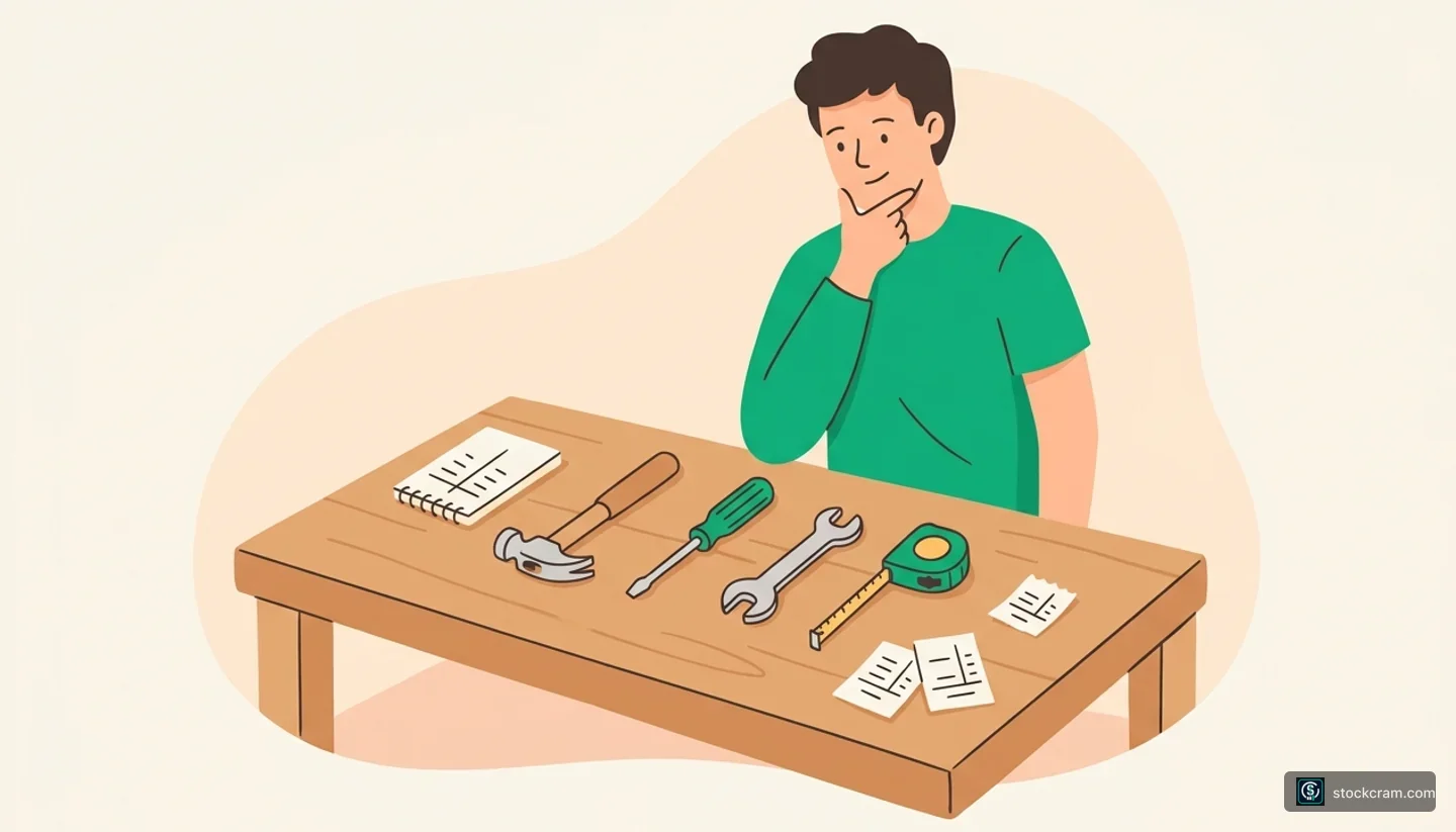 Illustration: A person at a home workshop bench thoughtfully selecting the right tool from several options laid out, each suited for different jobs
