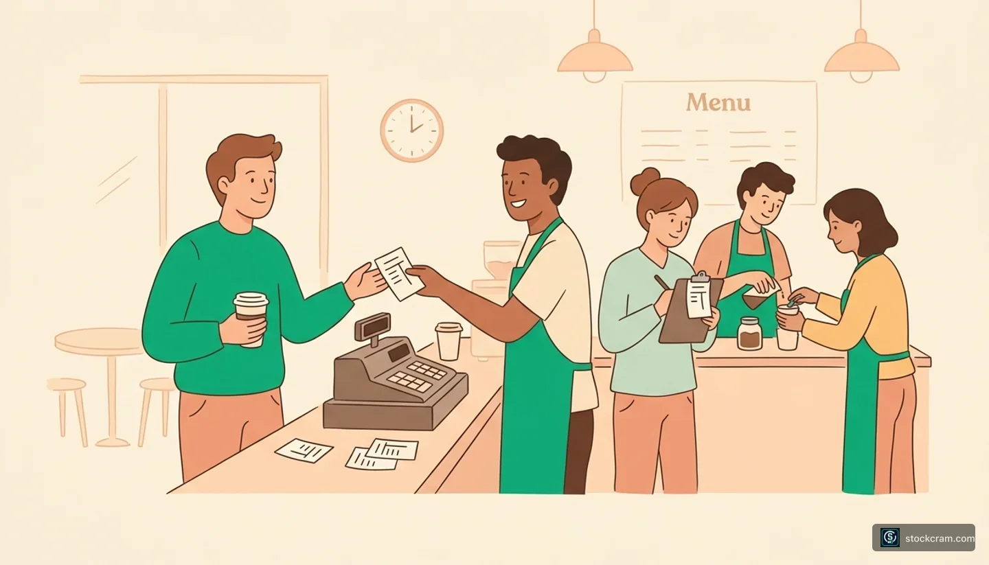 Illustration: A customer's order flows through a friendly chain of helpers behind a counter, the same way a stock order moves from your broker through an exchange or market maker to a fill