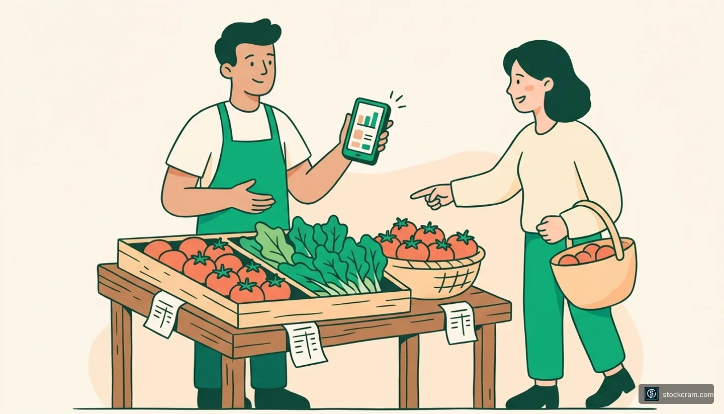 Illustration: A customer at a farmers market pointing to a vendor's produce with a specific price expectation, showing the 'I'll buy at this price' nature of limit orders