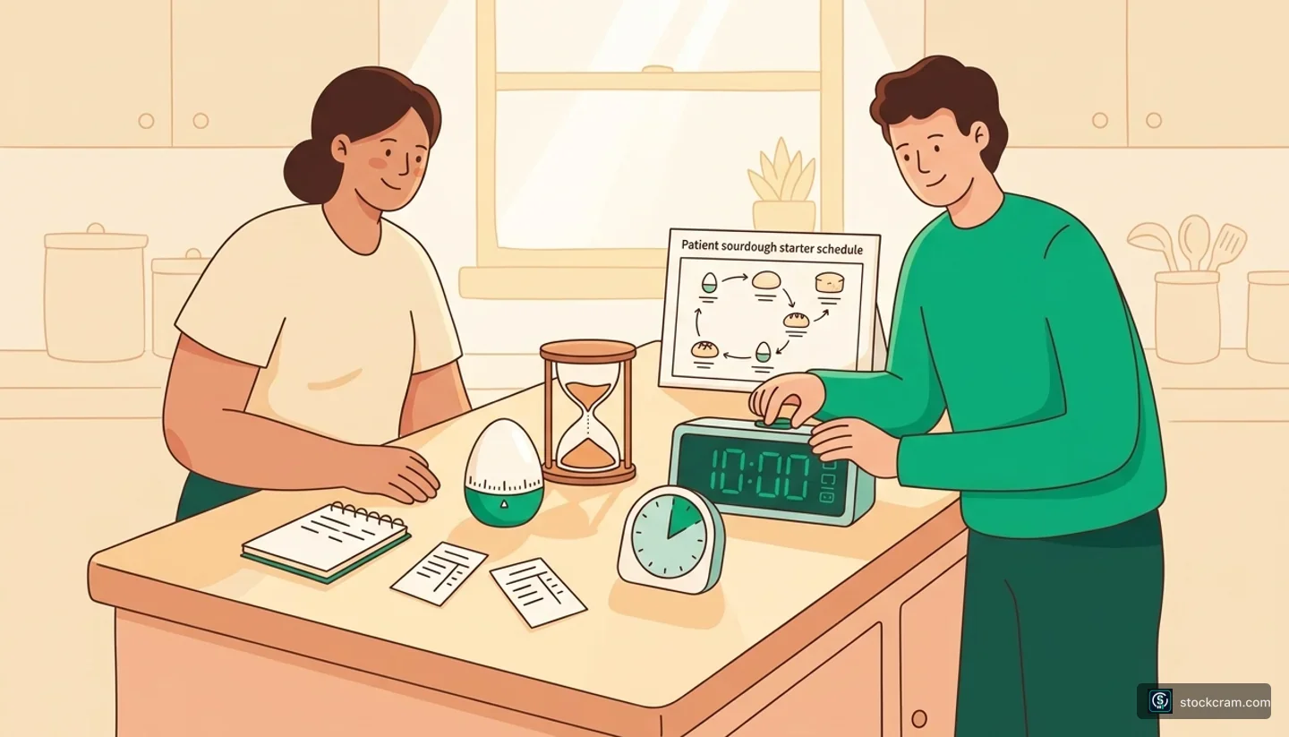 Illustration: Different timing devices in a cozy kitchen represent how orders can wait for different durations before expiring.