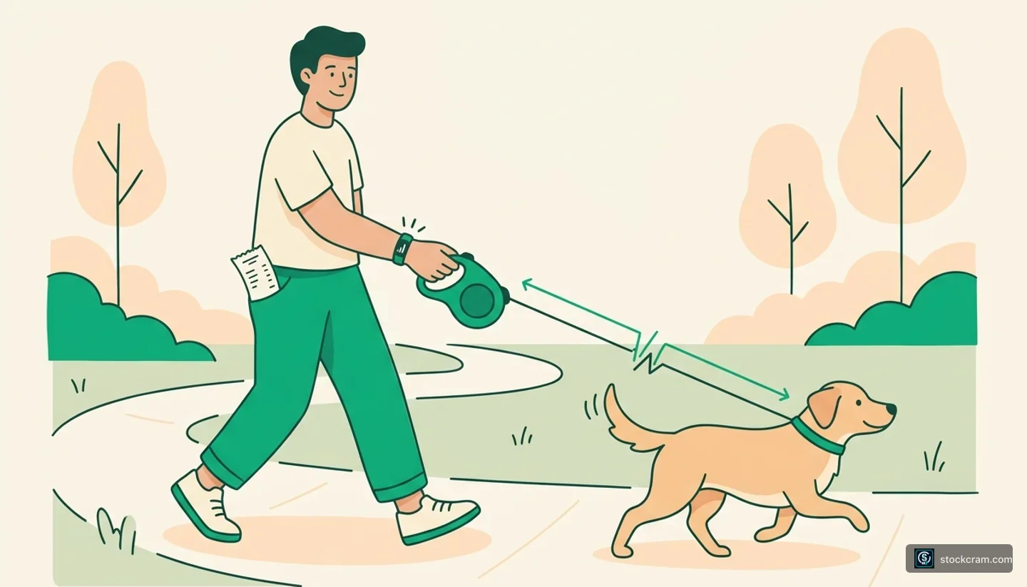 Illustration: A person walking their dog in a warm park with an extending retractable leash that automatically adjusts to keep the dog safe while allowing freedom to explore