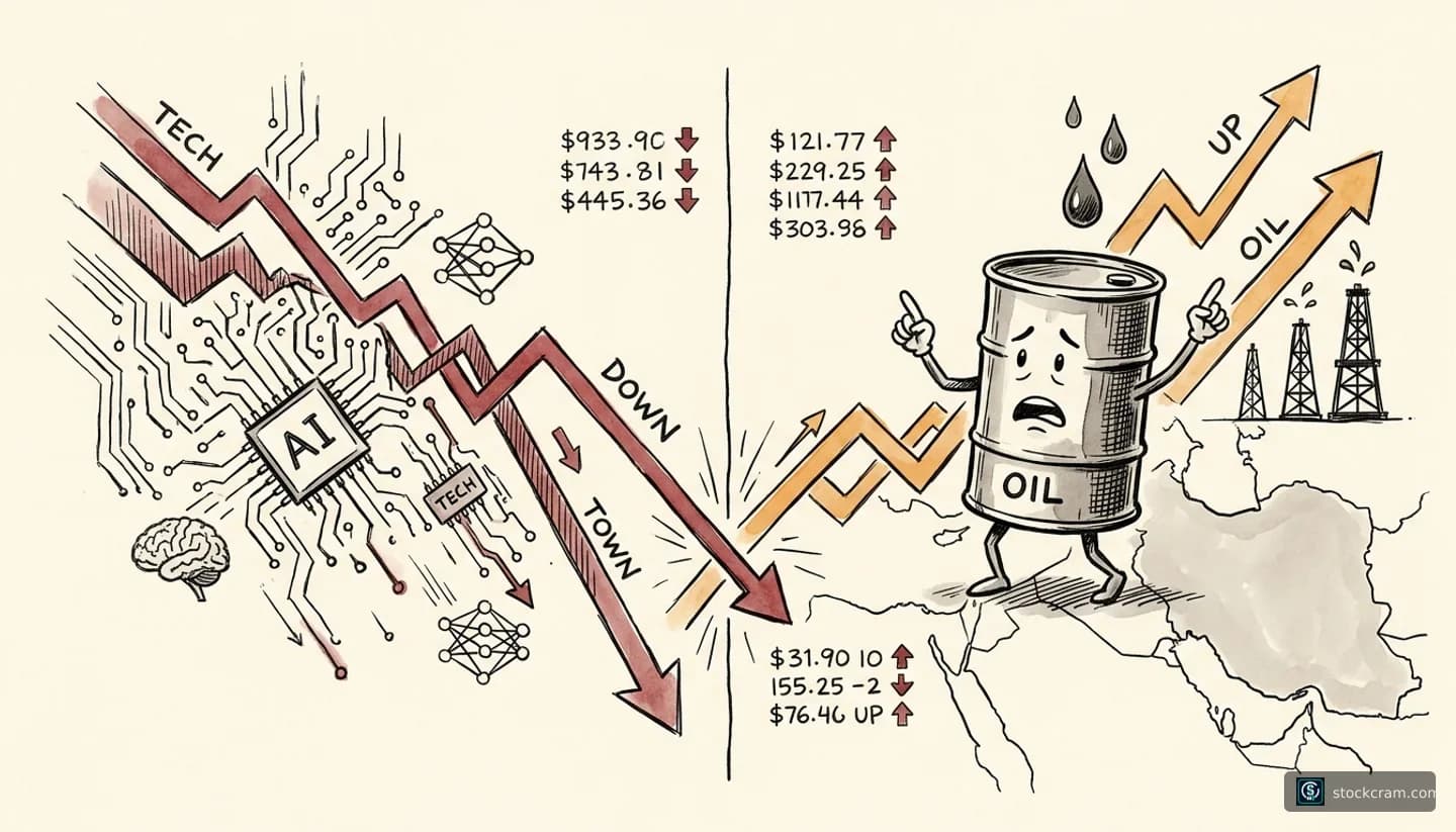 market tension and divergence illustration depicting Split market dynamics - tech stocks declining vs oil prices surging, communicating Tech stocks are falling while oil prices are spiking - a divided market under pressure