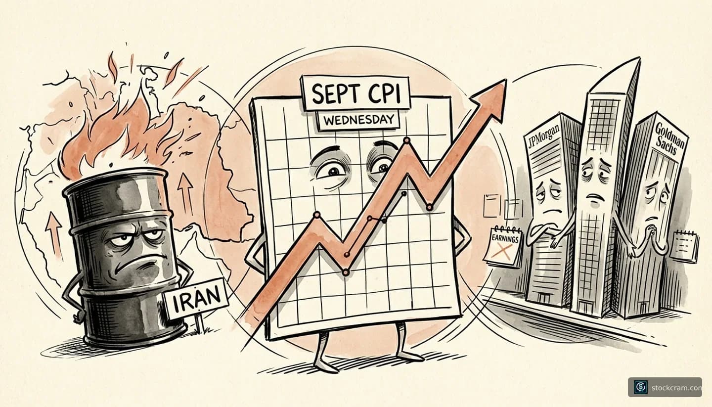 tense uncertainty with multiple conflicting forces illustration depicting Market volatility convergence - oil barrels, inflation data charts, and bank buildings, communicating Three major market forces colliding: Iran oil crisis driving energy volatility, inflation data release, and bank earnings season