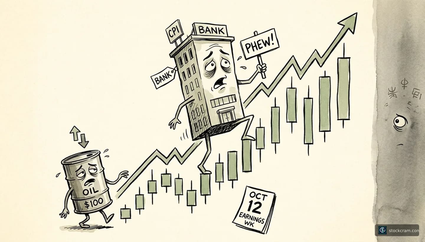 cautiously optimistic with underlying tension illustration depicting Stock market earnings season with banking sector focus, communicating Stock markets are rallying during bank earnings season, but oil volatility creates uncertainty