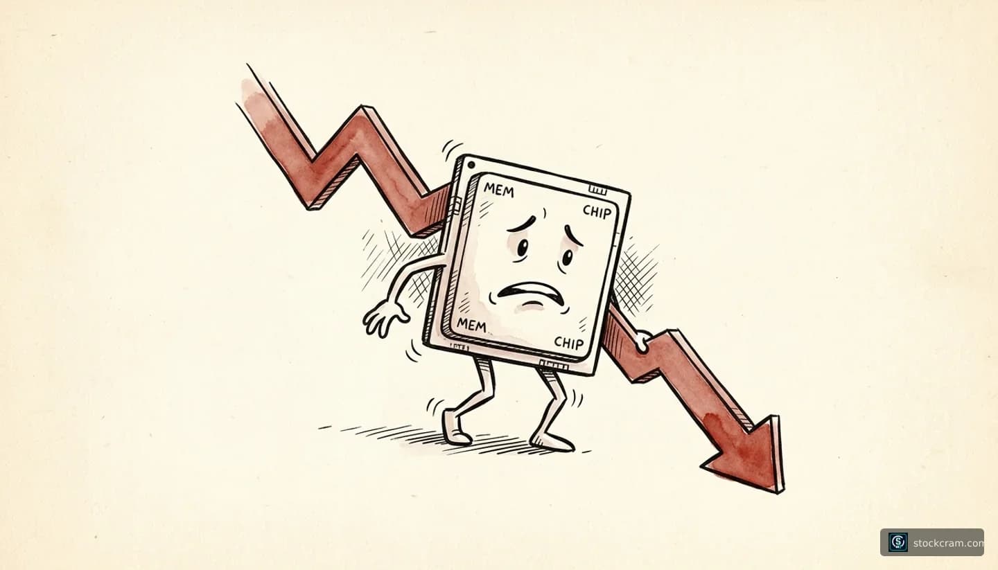 tense, sharp decline with market anxiety, tempered by a hint of caution ahead of big-bank earnings illustration depicting Semiconductor memory chips (Samsung and SK Hynix) selling off, shown as a falling chip-sector market, communicating Chip stocks, especially memory makers, are falling sharply and the selloff is spreading globally.