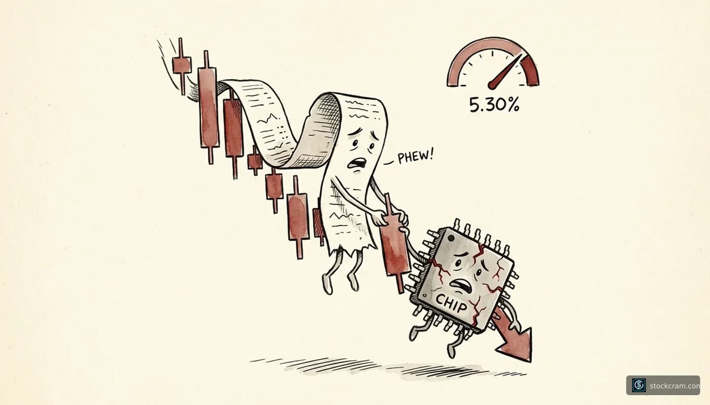 Tense, alarmed sell-off; sharp, worrying decline with rate-hike anxiety illustration depicting A global stock market selloff led by semiconductor stocks, driven by hot CPI inflation data and surging 10-year Treasury yields, communicating Hot inflation data and rising Treasury yields are triggering a global chip-led stock market selloff.