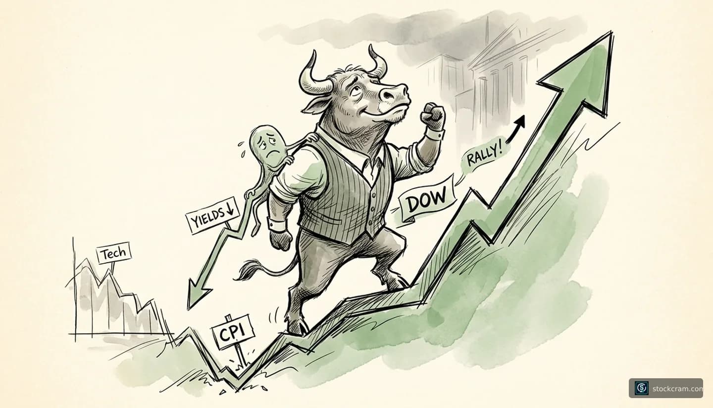 relieved, resilient rebound after an anxious, inflation-driven tech selloff illustration depicting The Dow Jones Industrial Average rallying on falling Treasury yields, set against inflation and tech-selloff worries, communicating The Dow jumped sharply as Treasury yields fell, even after hot inflation data hit tech stocks the day before.