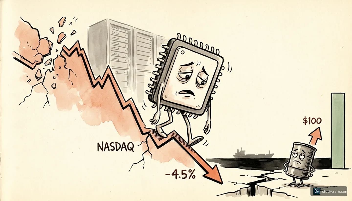 tense, uneasy decline with geopolitical and inflation pressure illustration depicting A weekly stock market selloff led by AI and tech shares, with Nasdaq and S&P 500 charts falling, set against rising oil prices and hot inflation, communicating Stocks, especially AI and tech shares, fell sharply this week while oil surged and inflation stayed hot.