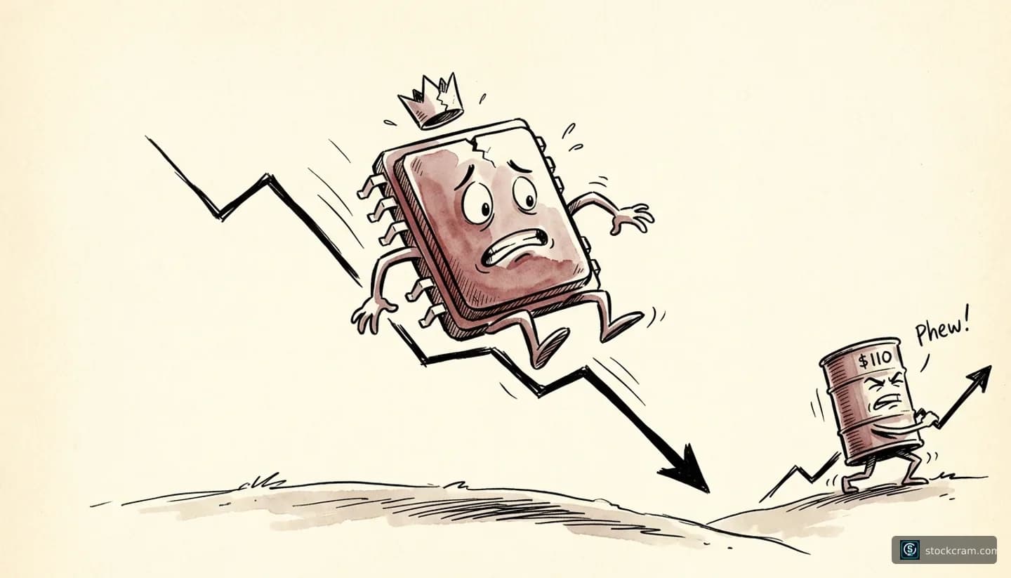 tense, cautious, risk-off, with an undercurrent of energy-driven pressure illustration depicting Surging crude oil prices near $110 colliding with a sell-off in AI chip stocks, ahead of big-tech earnings week, communicating Stocks, led by AI and chip names, are falling while oil jumps toward $110, so markets are under pressure going into a heavy earnings week.