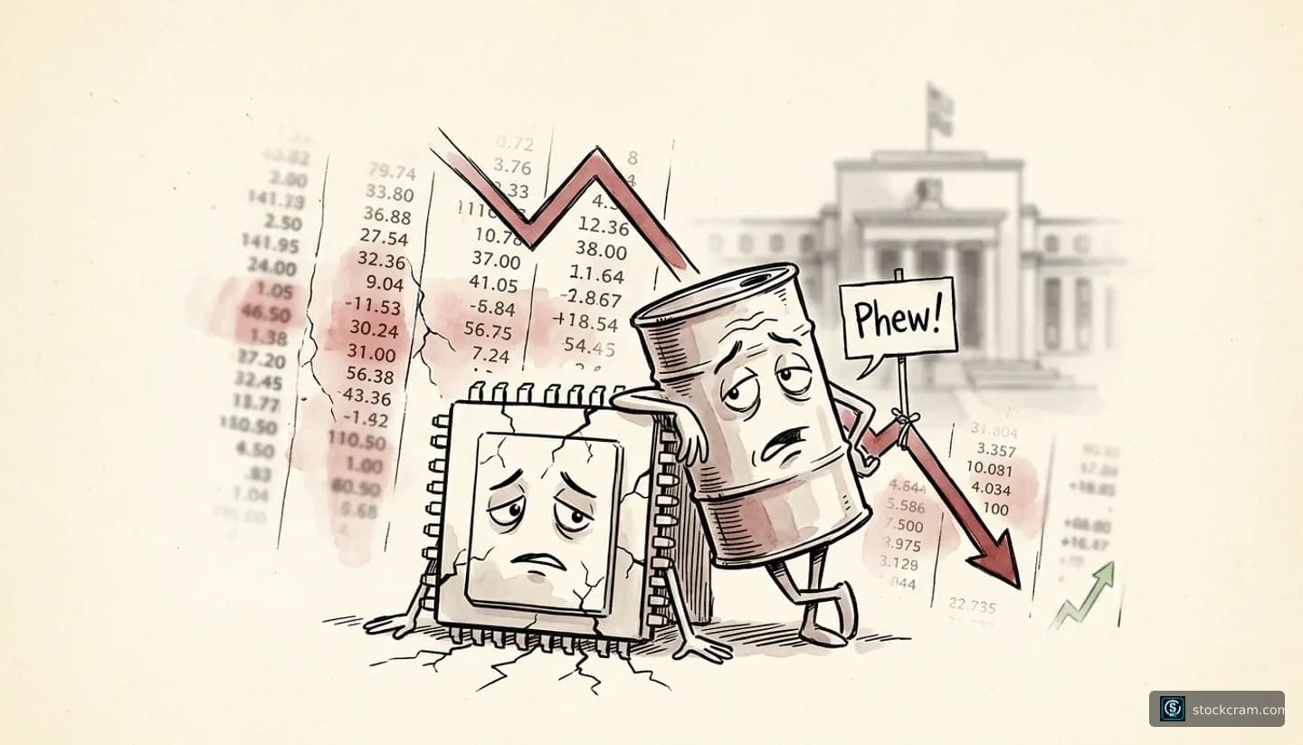 tense, cautious decline with a faint hint of a tentative bounce illustration depicting AI and semiconductor stocks selling off, dragging the Nasdaq to its worst week since June, with a tentative Monday futures rebound, communicating AI and chip stocks sold off hard and the Nasdaq is falling, while the Fed offers no relief; only a small rebound is forming.