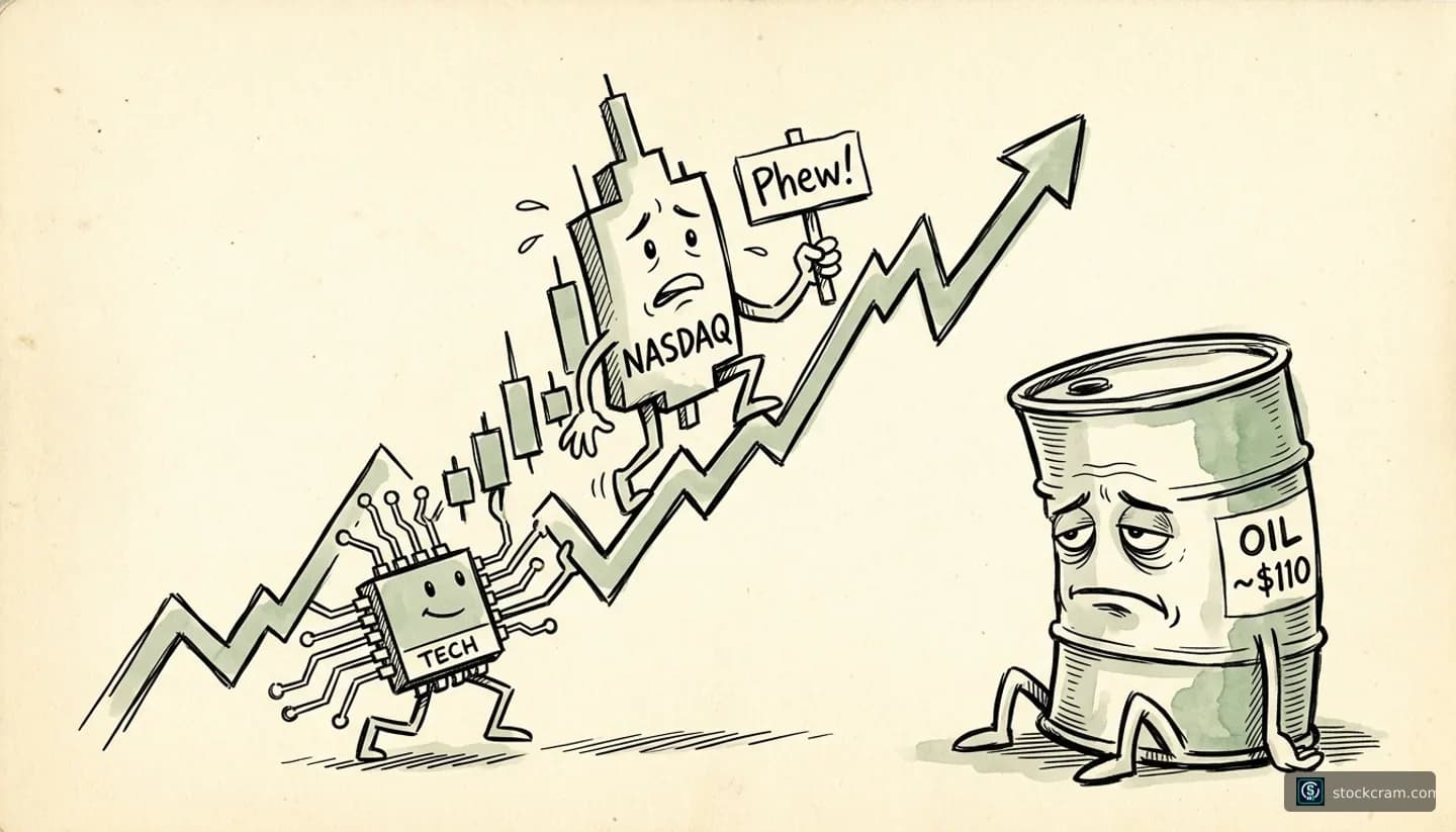 cautiously optimistic rebound, tempered by energy-price and bond-yield tension illustration depicting Nasdaq and tech/chip stocks rebounding while Brent crude oil near $110 keeps markets cautious, communicating Tech stocks are bouncing back and the Nasdaq is up, but expensive oil and high yields keep investors wary.