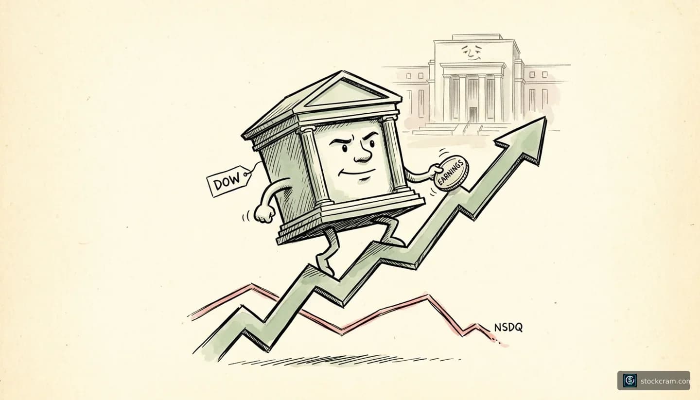 cautiously optimistic gain; a modest rally with underlying tension ahead of the Fed illustration depicting The Dow Jones Industrial Average rising on strong earnings, shown as blue-chip stocks gaining while the Nasdaq lags, with a cautious backdrop of Treasury yields and an upcoming Fed decision, communicating US blue-chip stocks, led by the Dow, are rising on strong earnings, though investors stay cautious ahead of the Fed.