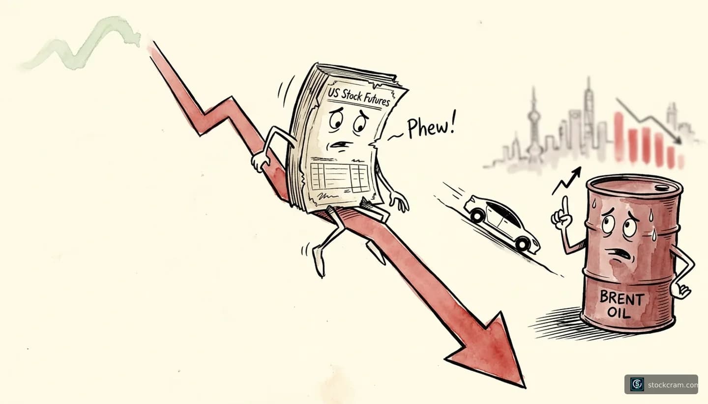 tense, cautious decline: a fragile rally giving way to a weak open illustration depicting US stock market futures turning down after a tech-led rally, with pressure from Tesla, an Asian selloff and surging Brent oil, communicating US stocks are set to open lower on Thursday after Wednesday's tech-driven gain, with oil prices and Asian markets adding pressure.