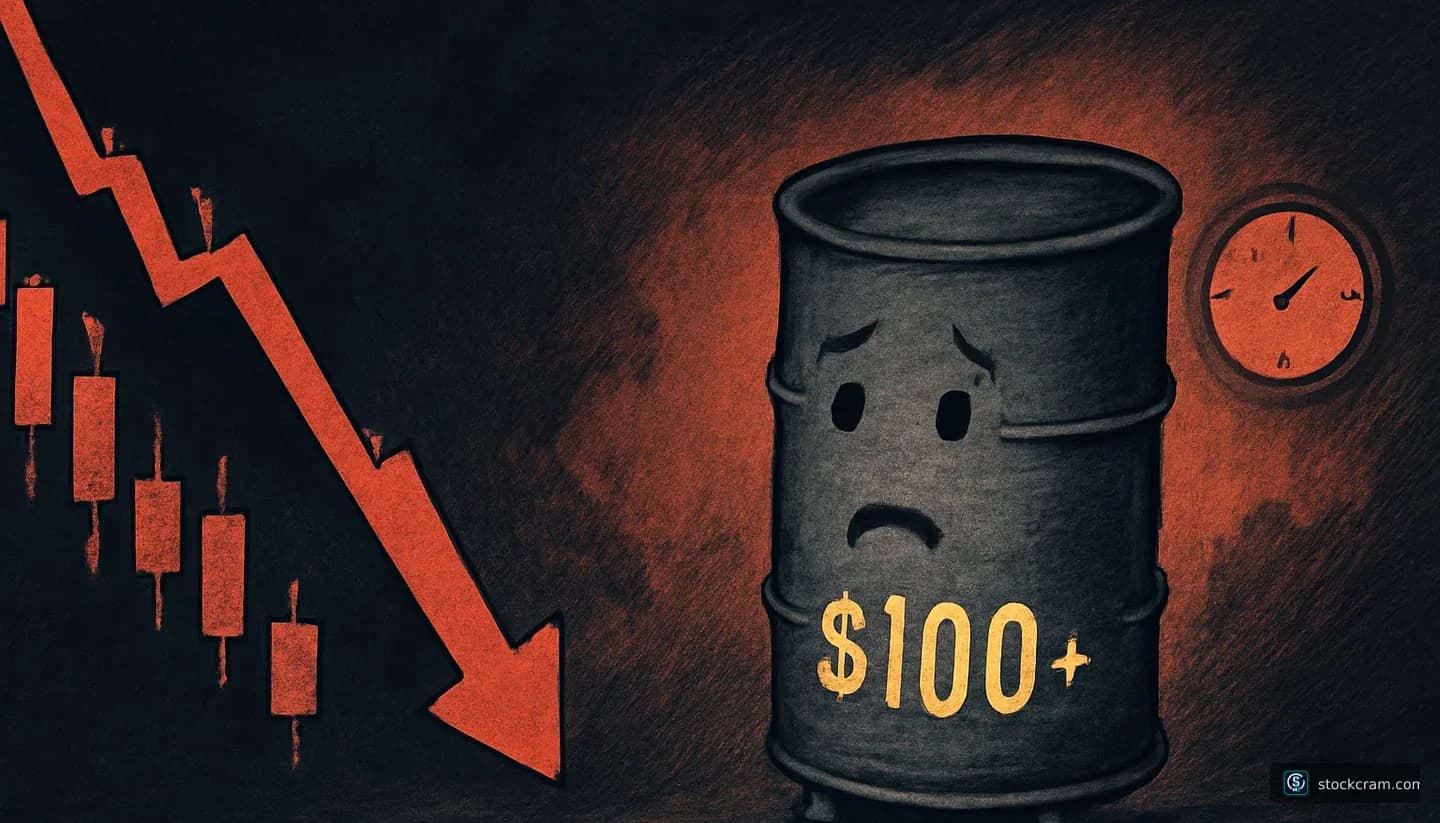 tense, anxious decline with geopolitical pressure illustration depicting US stock market selloff driven by surging oil prices and a 5% Treasury yield, communicating Stocks are falling sharply because oil is spiking above $100 on Iran tensions and Treasury yields are near 5%.