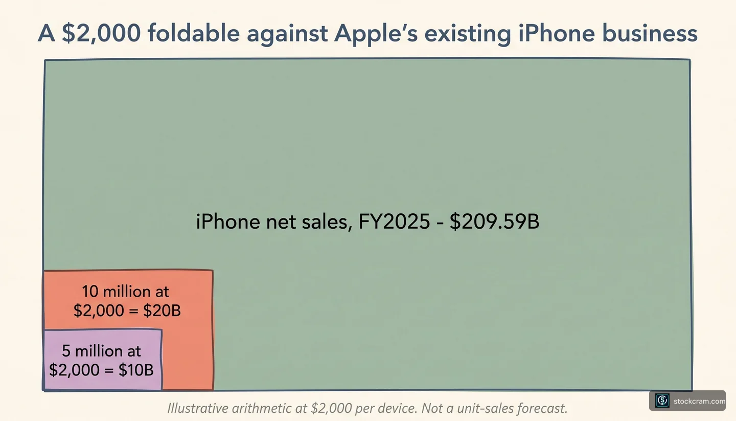 A $1,999 foldable against Apple's existing iPhone business, drawn to true relative scale
