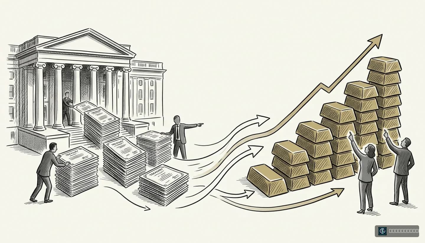 Illustration linking Treasury bond buybacks to gold's price through falling yields, a weaker dollar and questions about fiscal credibility.