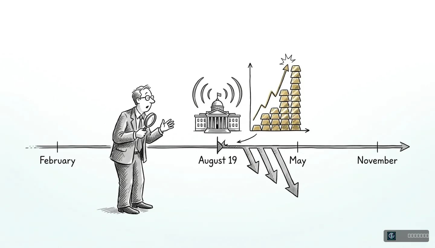 Timeline showing Treasury's mid-quarter buyback announcement on August 19 falling outside the normal quarterly refunding schedule, alongside gold's move that session.