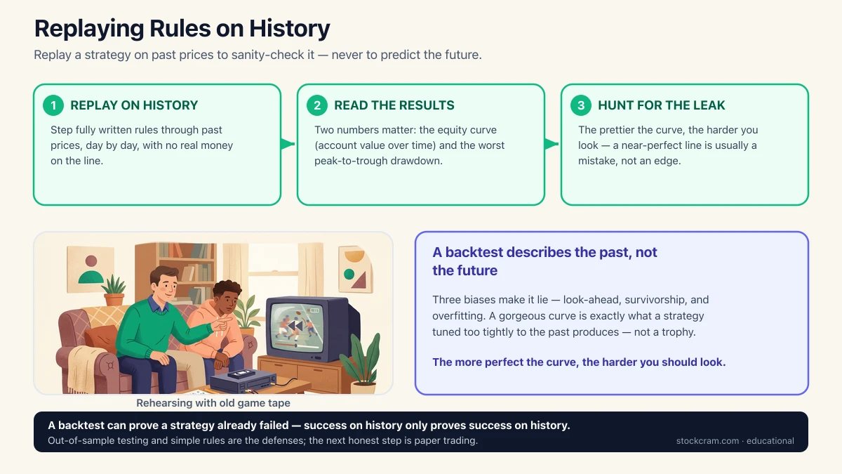 Backtesting infographic: replay written rules on past prices with no real money, read the equity curve and worst drawdown, then hunt for the leak. A backtest describes the past, not the future — a too-good curve signals overfitting.