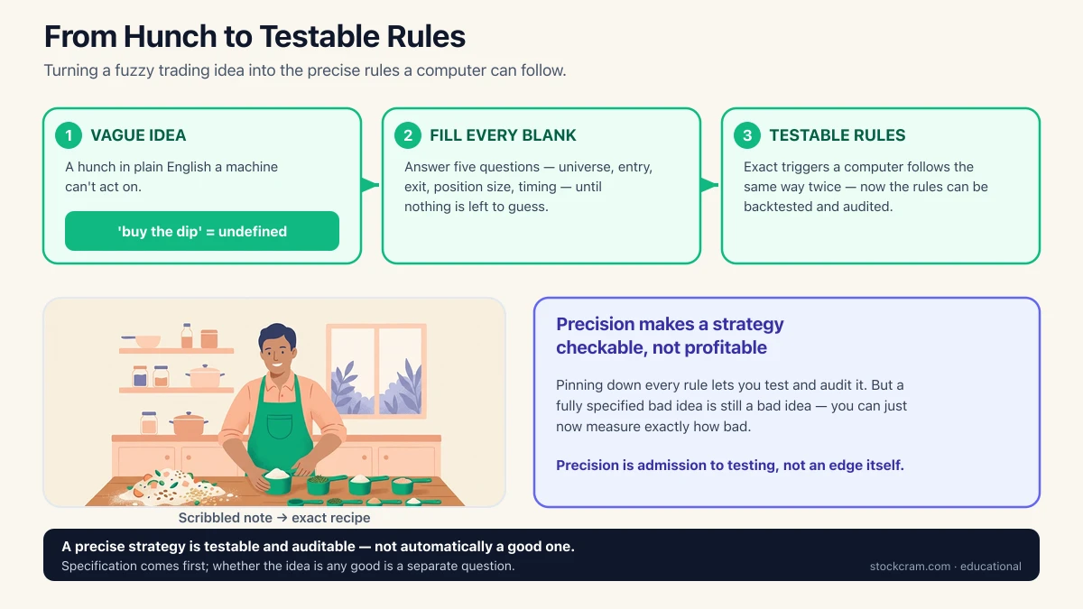 From Strategy to Rules infographic: a vague trading idea like 'buy the dip' becomes precise, testable rules by answering five questions — universe, entry, exit, size, and timing — yet precision makes a strategy checkable, not profitable.
