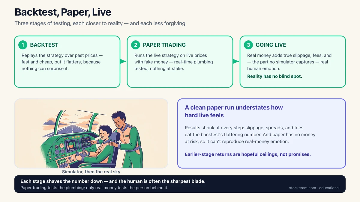 Paper trading and going live infographic: a strategy moves through three testing stages — backtesting on past data, paper trading the live strategy with fake money, and going live with real money — results shrink at each step.
