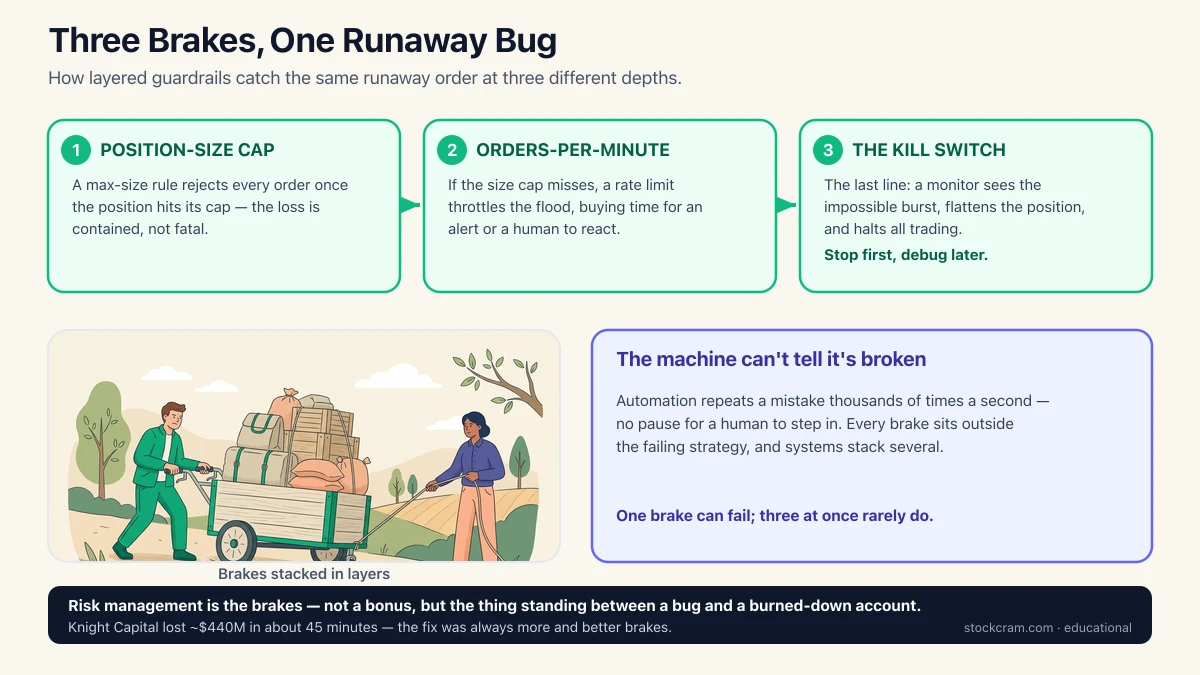 Risk management infographic: a runaway bug that keeps re-sending the same order is caught by three layered brakes — a position-size cap, an orders-per-minute limit, and finally a kill switch that blocks new orders and cancels the open ones to halt trading.