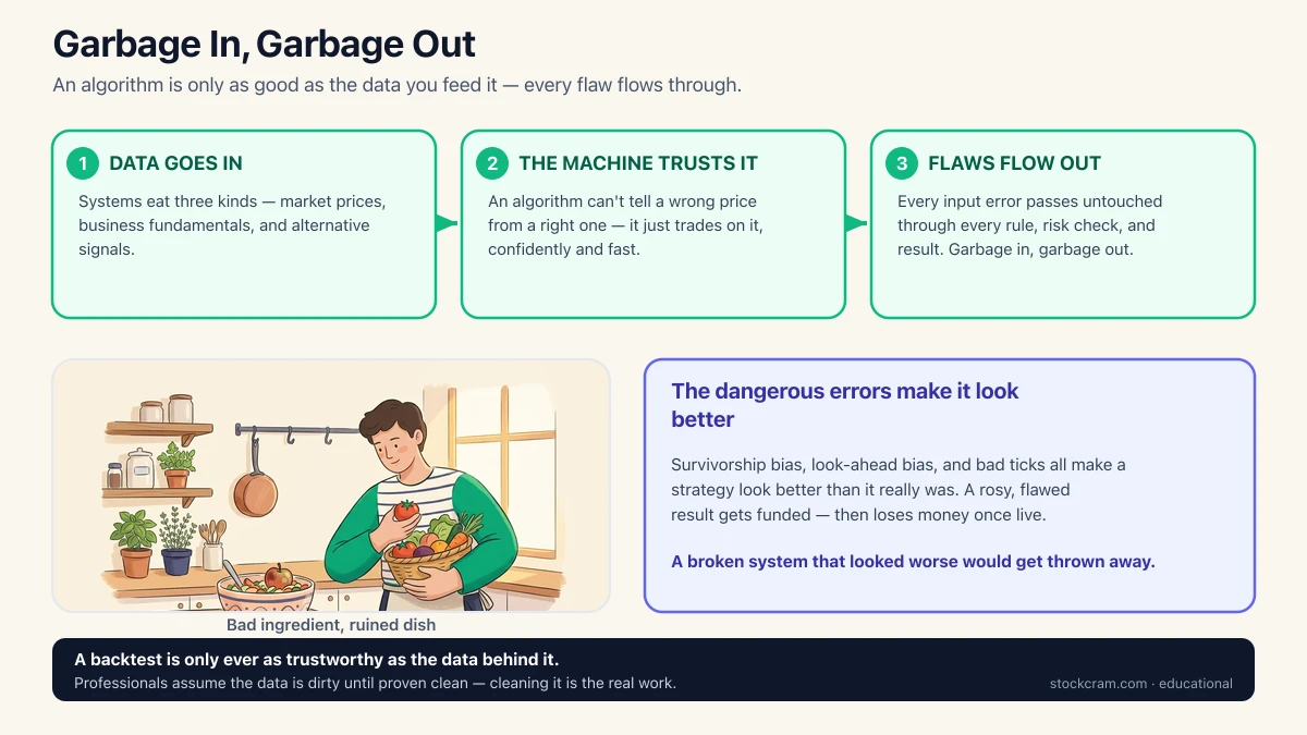 Garbage in, garbage out: market, fundamental, and alternative data feed a trading algorithm that trades on it blindly, so every input flaw flows through — and quiet errors like survivorship and look-ahead bias flatter a strategy.