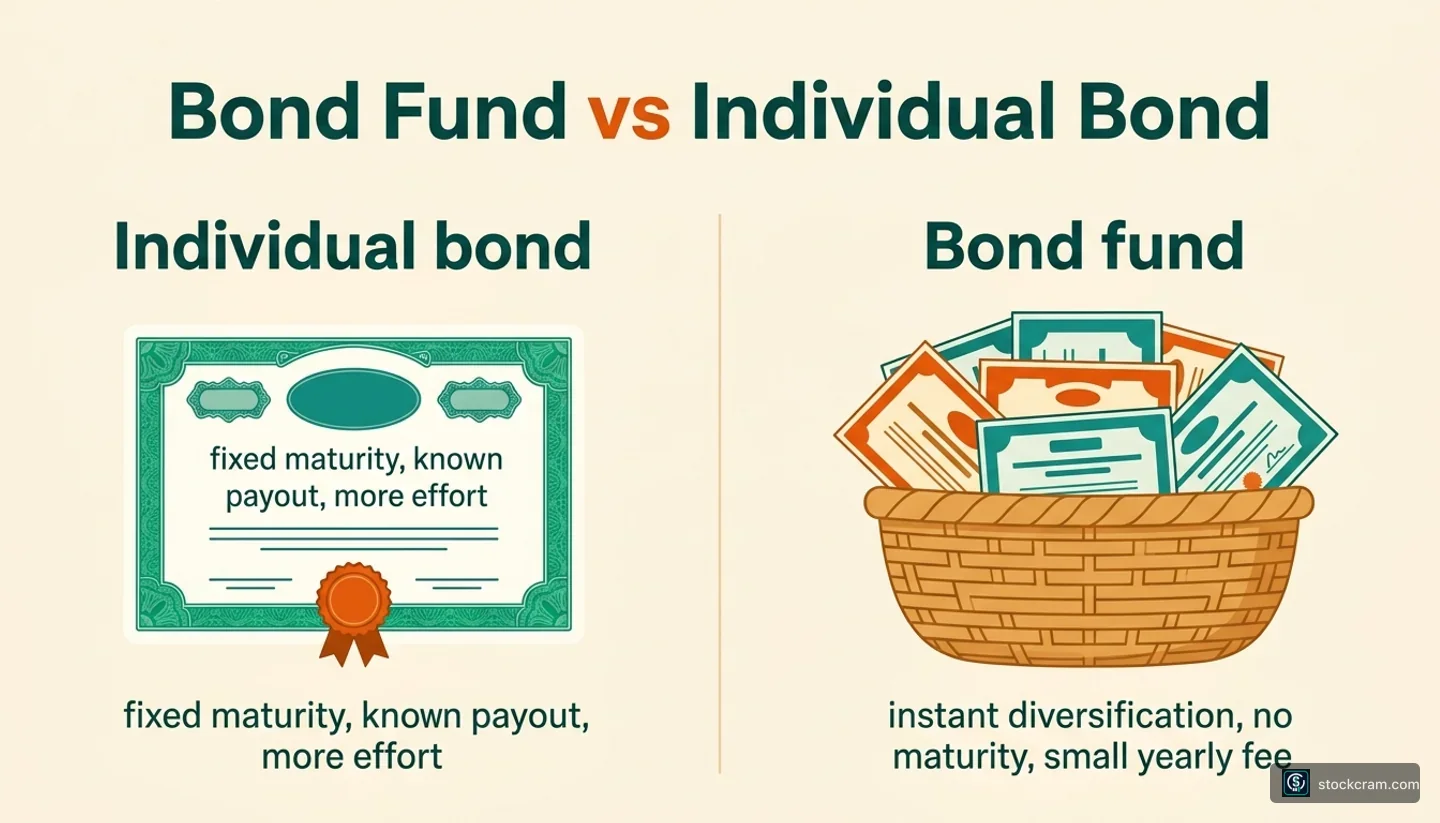 On the left a single bond certificate; on the right a basket holding many small bond certificates, contrasting an individual bond with a bond fund.