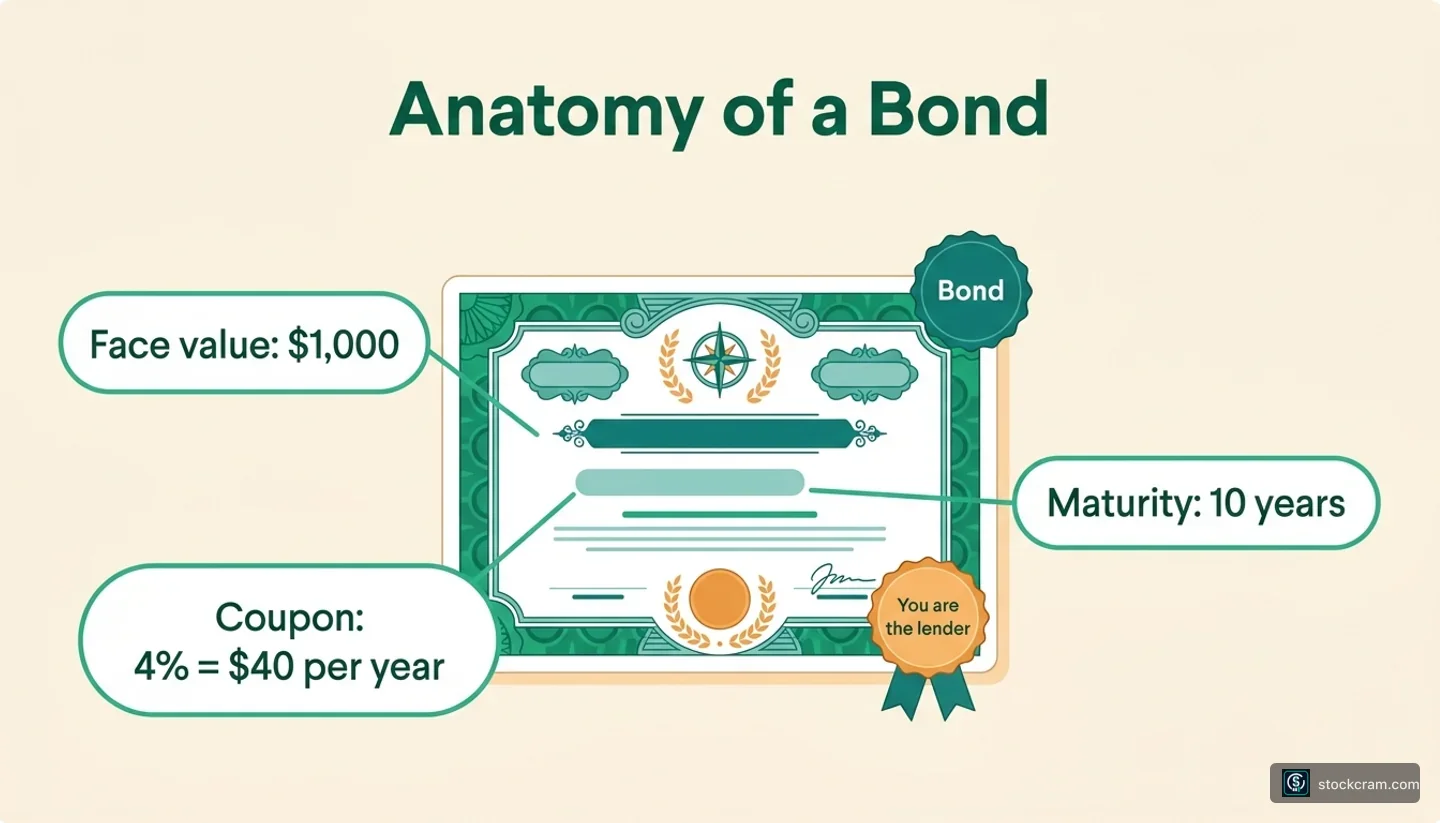A person hands money to a government or company building and receives back a rolled certificate (an IOU) plus small coin interest payments.