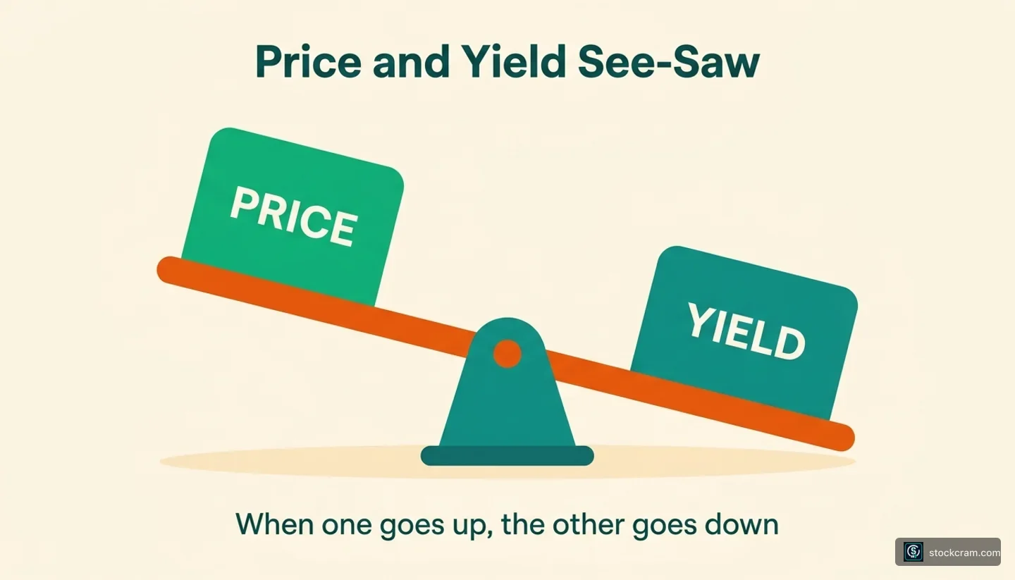 A see-saw with a price-tag block riding high on one end and a percent-sign yield block pushed low on the other, showing that when one side rises the other falls.