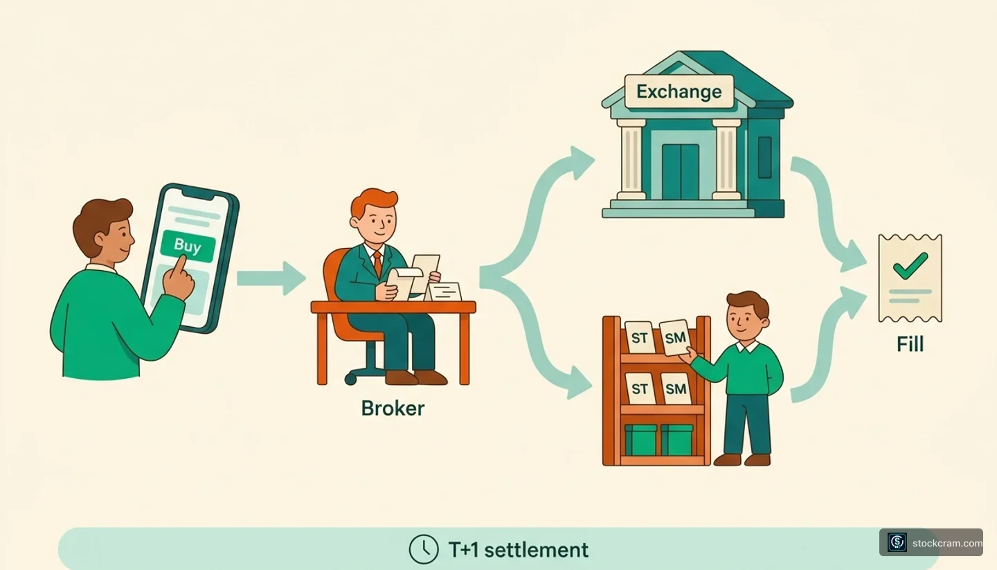 Friendly flat-vector pipeline diagram: a person taps Buy on a phone, the order flows to a broker, then forks to either an exchange building or a market maker character, and both paths converge to a Fill confirmation. A pastel banner underneath suggests T+1 settlement.