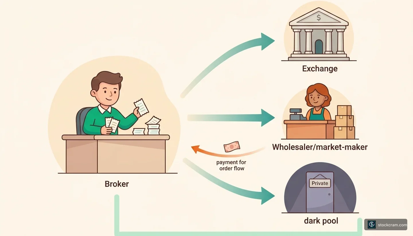Friendly flat-vector routing diagram: a broker character fans an order out to three destinations — a stock exchange, a wholesaler character, and a quiet private venue. A subtle orange loop carrying a coin returns from the wholesaler to the broker, illustrating payment for order flow. A soft green band underneath suggests a price-protection floor.