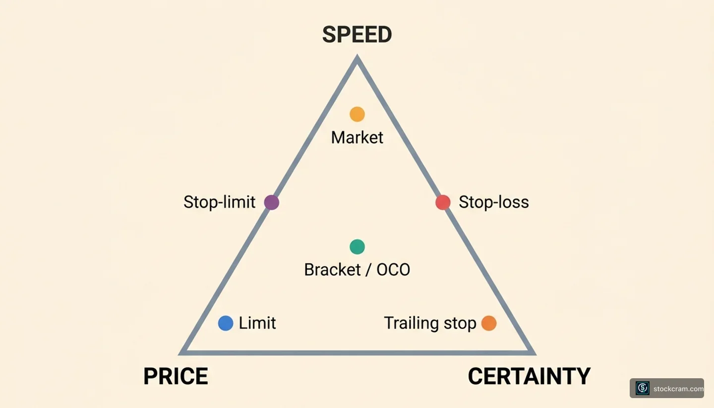 Educational triangle diagram. Vertices: Speed (top), Price (bottom-left), Certainty (bottom-right). Six colored dots plotted inside represent order types: Market near Speed, Limit near Price, Stop-loss between Speed and Certainty, Stop-limit between Speed and Price, Trailing stop close to Certainty, and Bracket / OCO at the centroid. Position reflects the tradeoff each order type makes.